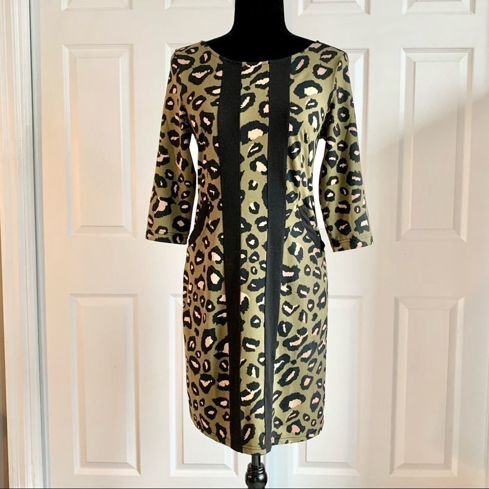 Tracy Negoshian Olive Leopard Stretch Long Sleeve Sheath Dress